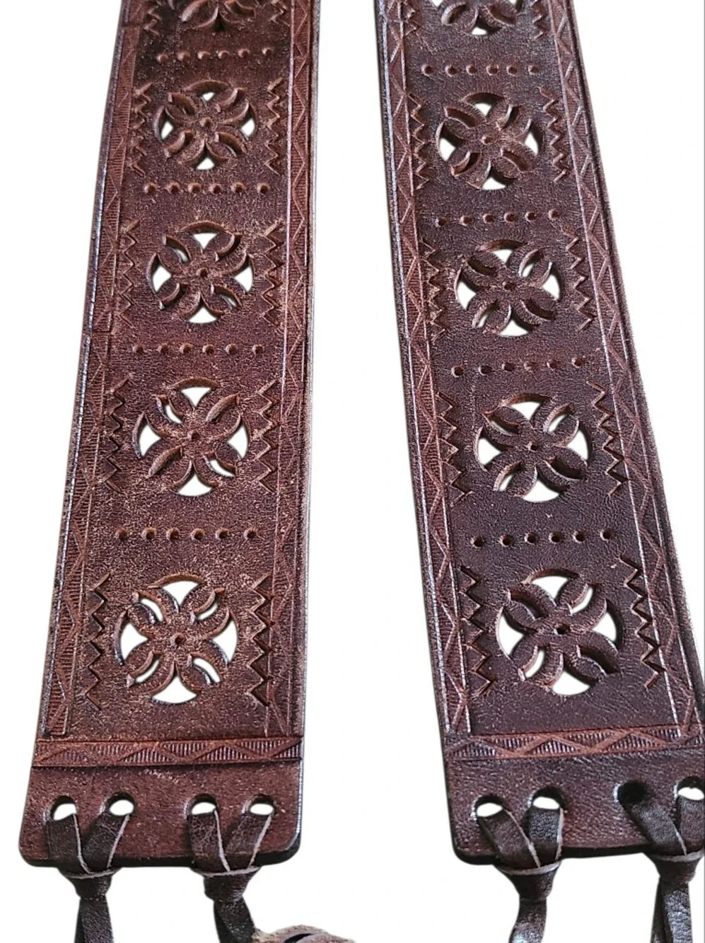 Boho Wide Tooled Brown Leather Corset Belt Lace Up Floral Cutout